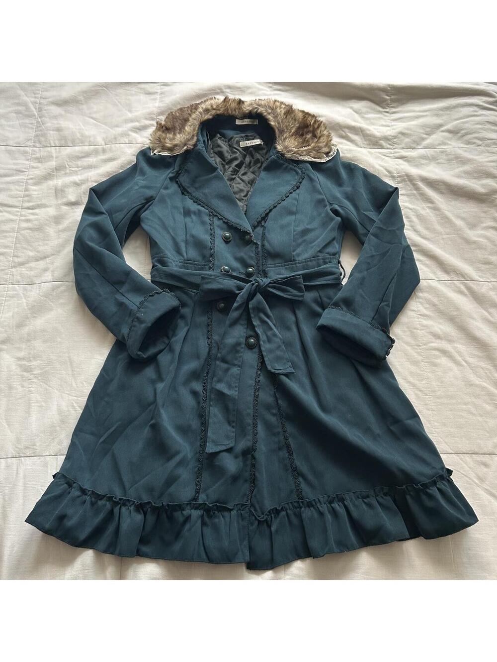 Axes Femme Teal Green Faux Fur Collar Belted Ruffle Coat Medium Japan